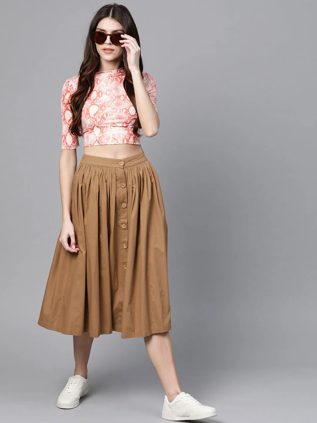 Brown Front Button Gathered Skirt