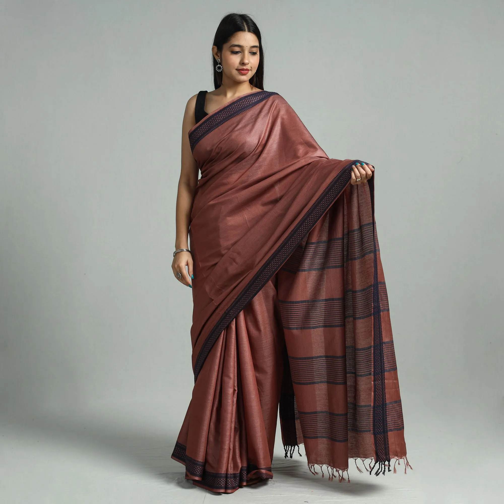 Brown - Vidarbha Bamboo Tussar Cotton Dobby Border Handloom Saree 15