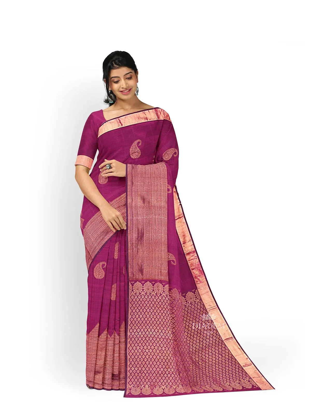 Burgundy Pure Kanchipuram (Bridal) Silk Saree with Paisley Motif on the body and Zari Border