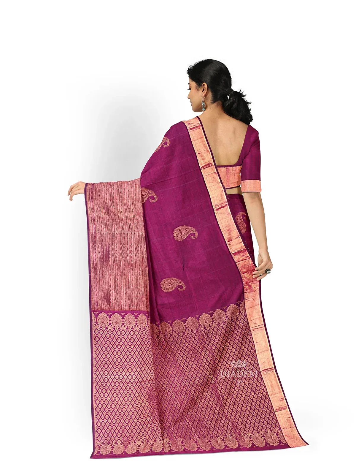 Burgundy Pure Kanchipuram (Bridal) Silk Saree with Paisley Motif on the body and Zari Border