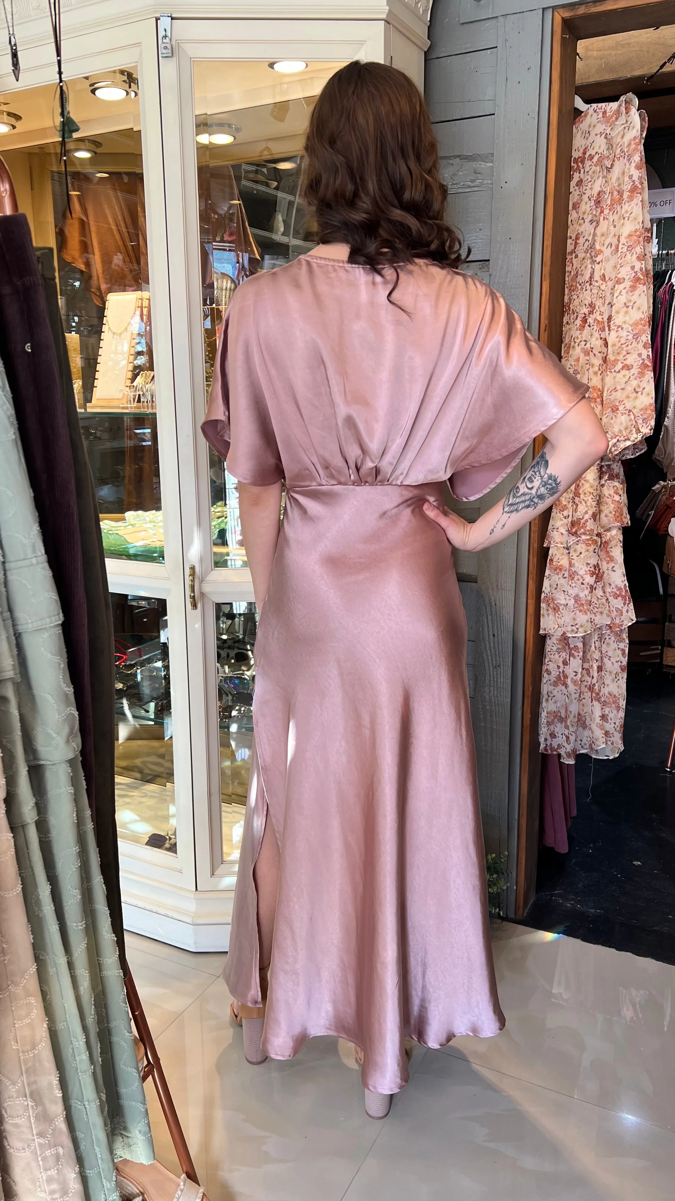 Classic Elegant Mauve Satin Maxi Dress