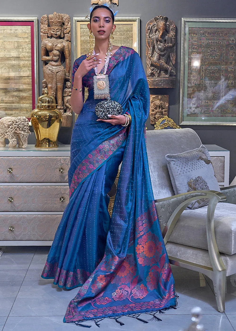 Cobalt Blue Handloom Woven Dual Tone Organza Silk Saree with Sequins Work