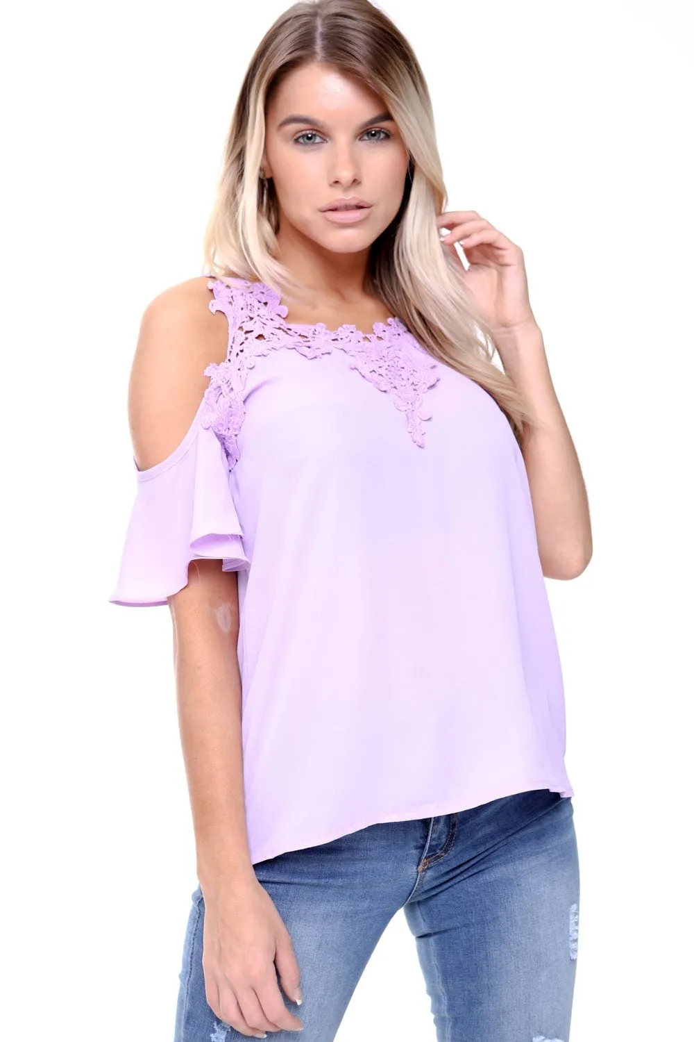 Cold Shoulder Frill Lace Applique Blouse Top