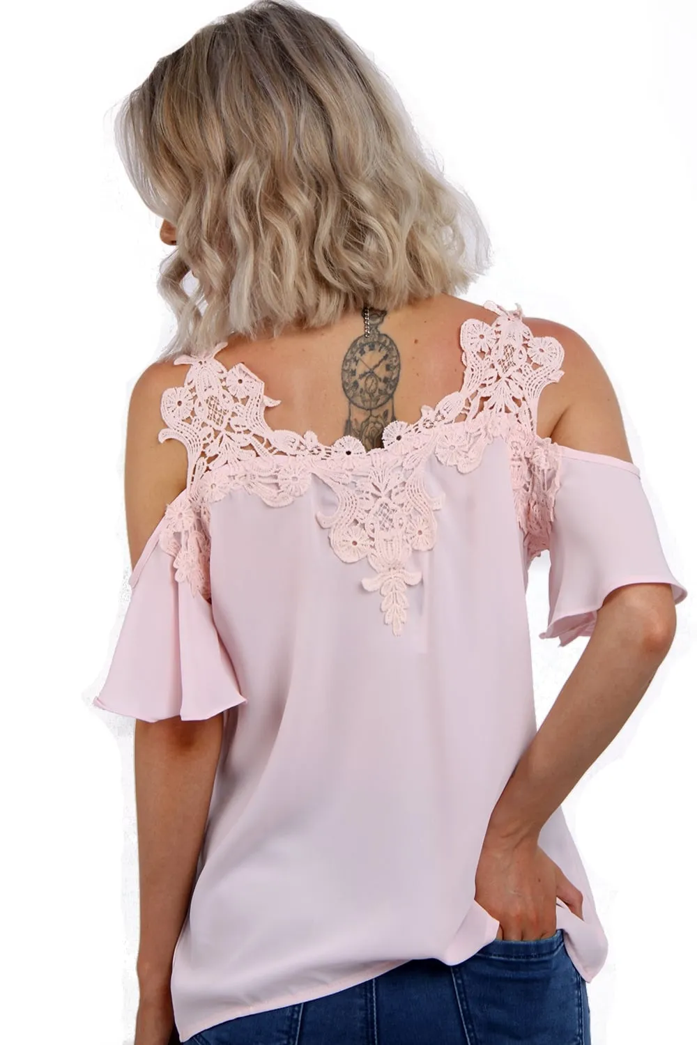 Cold Shoulder Frill Lace Applique Blouse Top