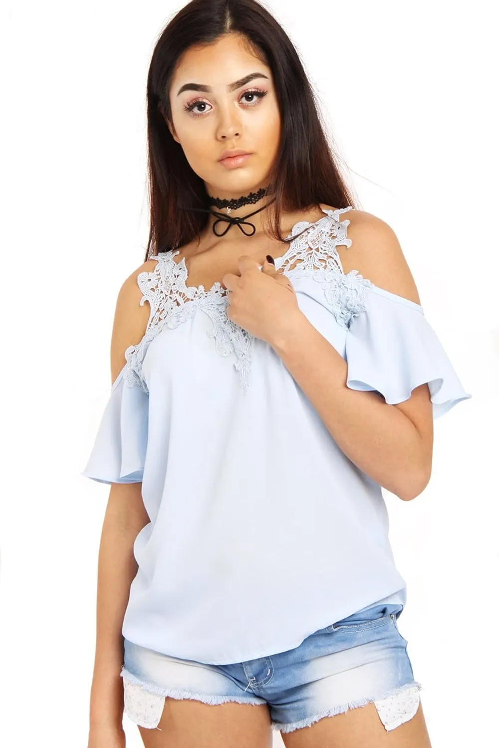 Cold Shoulder Frill Lace Applique Blouse Top