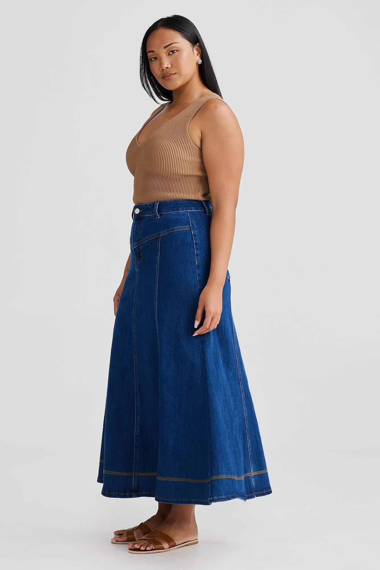 Core Denim Panelled Midi Skirt - Blue Denim