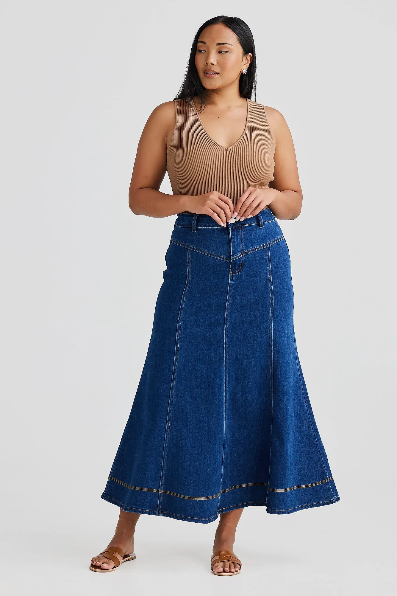 Core Denim Panelled Midi Skirt - Blue Denim