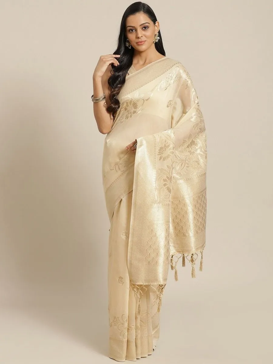 Cotton Blend Cream Traditional Saree