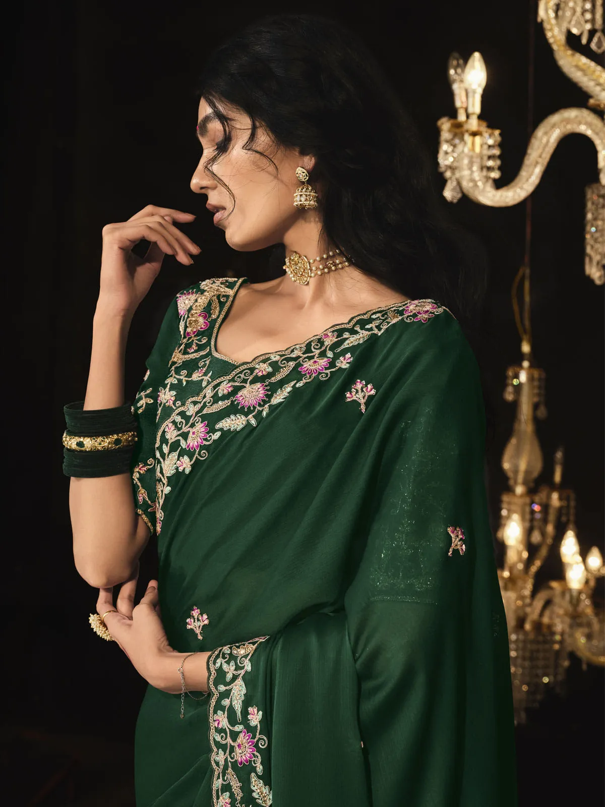 Dark Green Embroidered Silk Saree With Blouse