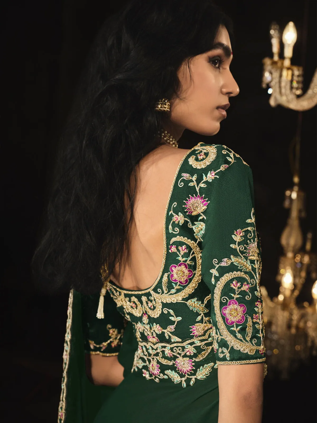 Dark Green Embroidered Silk Saree With Blouse