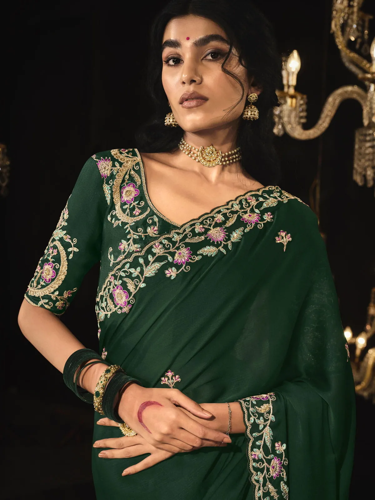 Dark Green Embroidered Silk Saree With Blouse