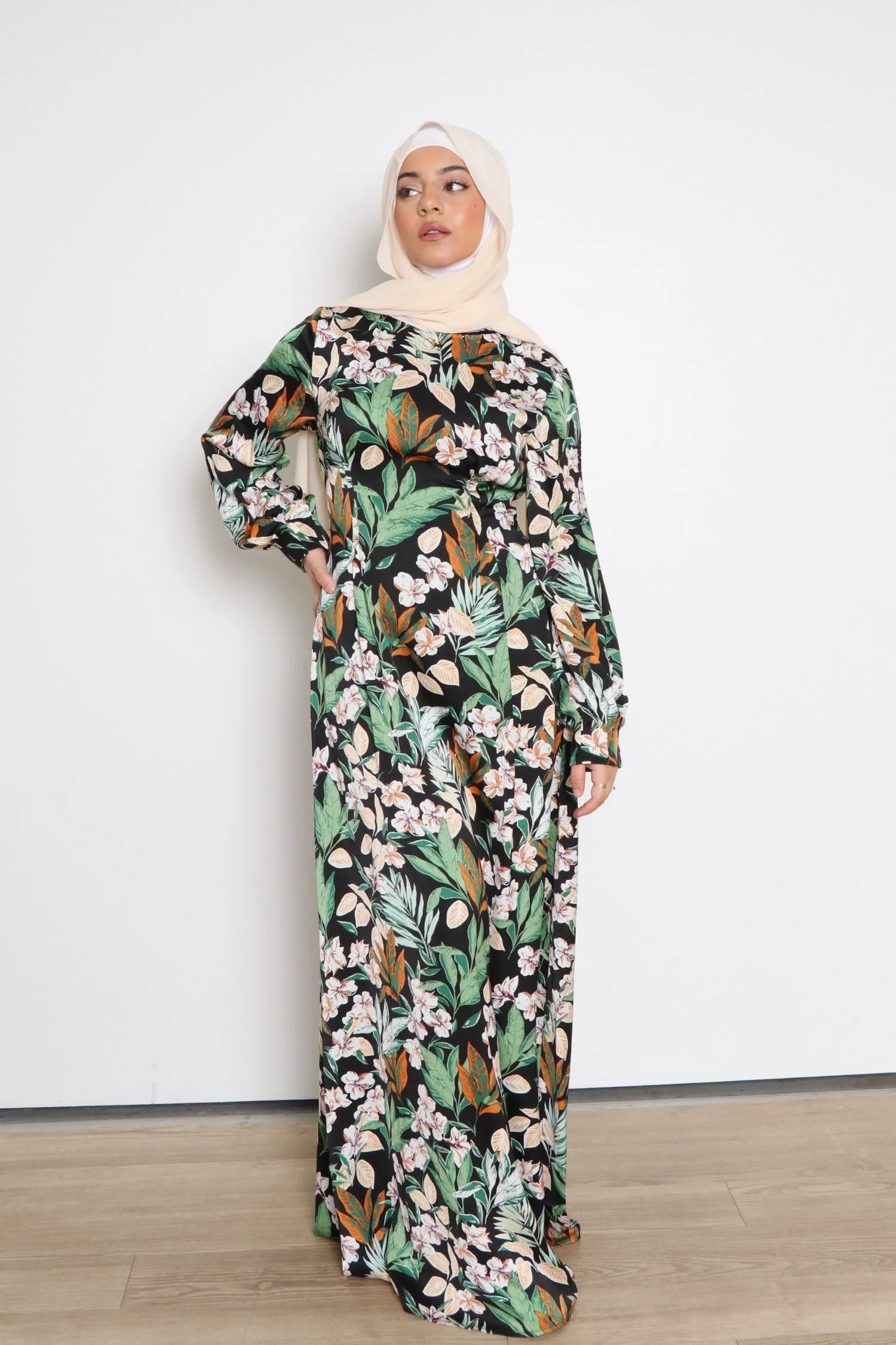 Devina Satin Floral Dress- Black