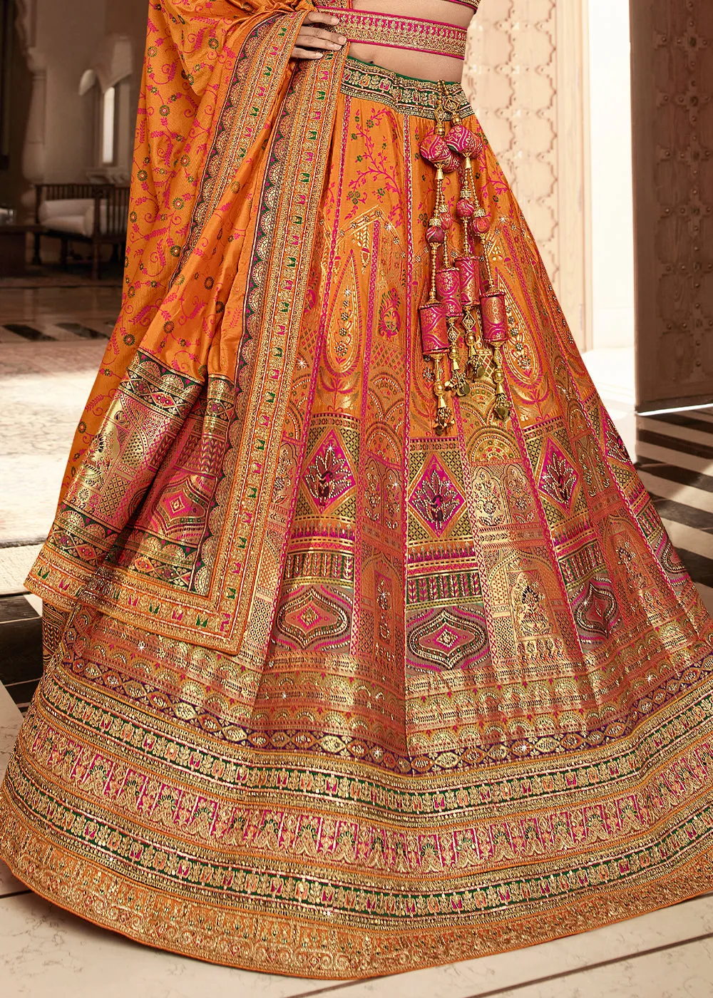 Dusty Orange Heavy Embroidery Banarasi Silk lehenga Choli