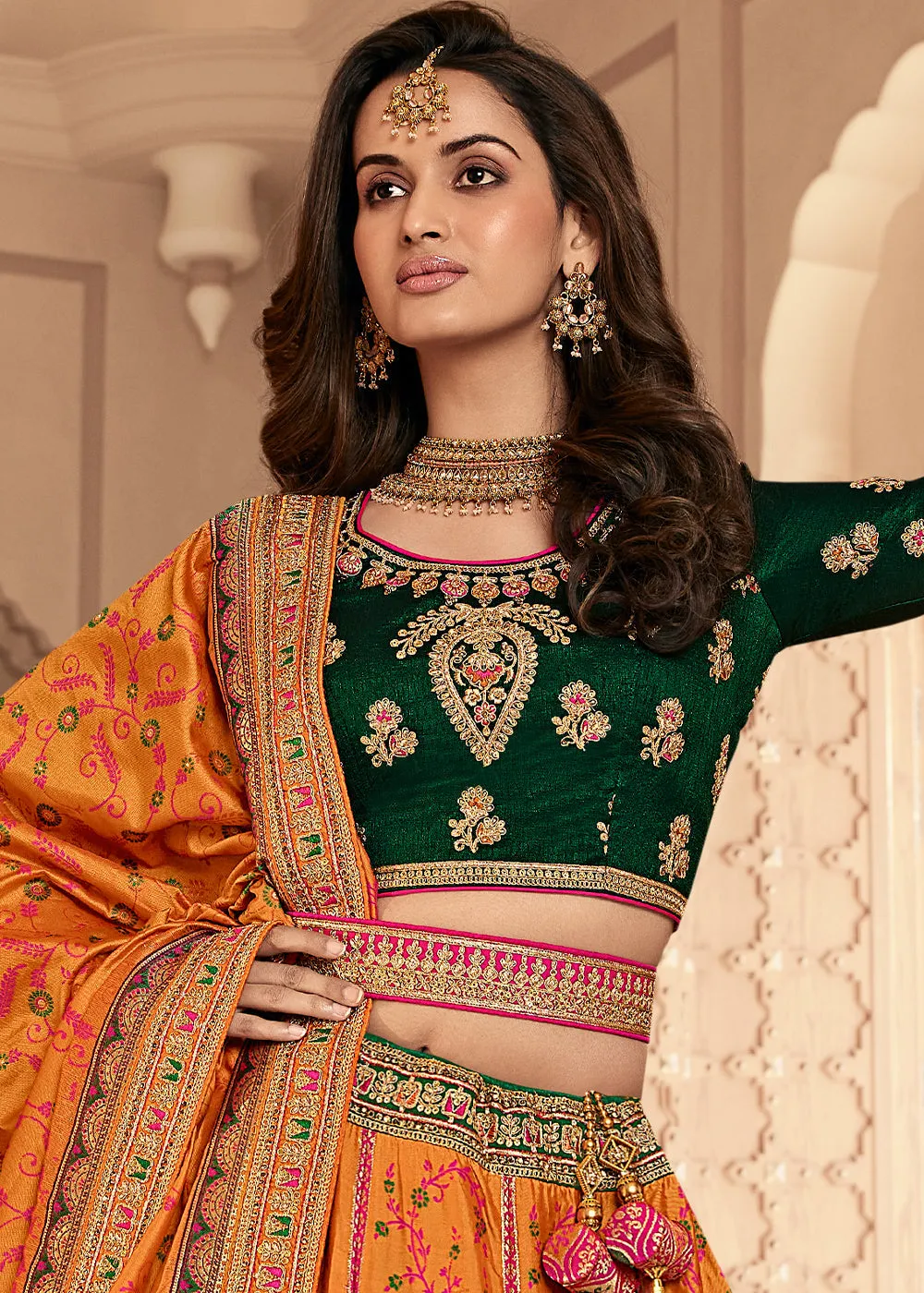 Dusty Orange Heavy Embroidery Banarasi Silk lehenga Choli