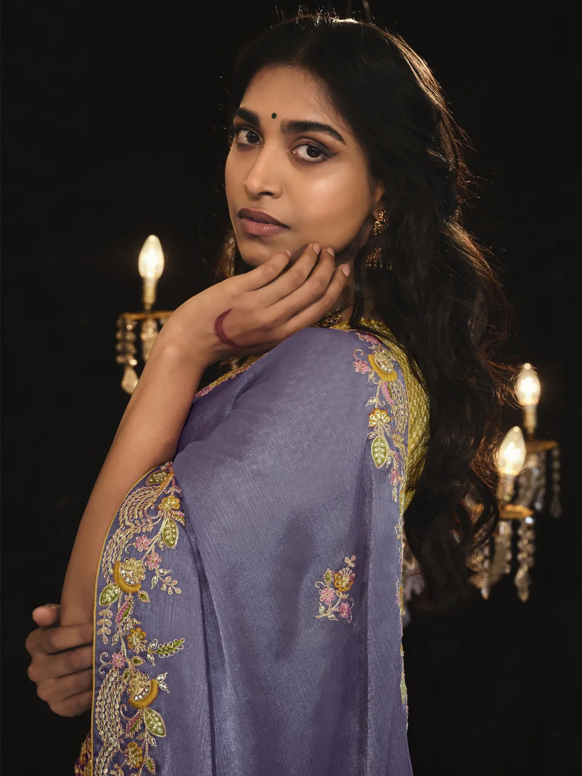 Dusty Purple Embroidered Silk Saree With Blouse