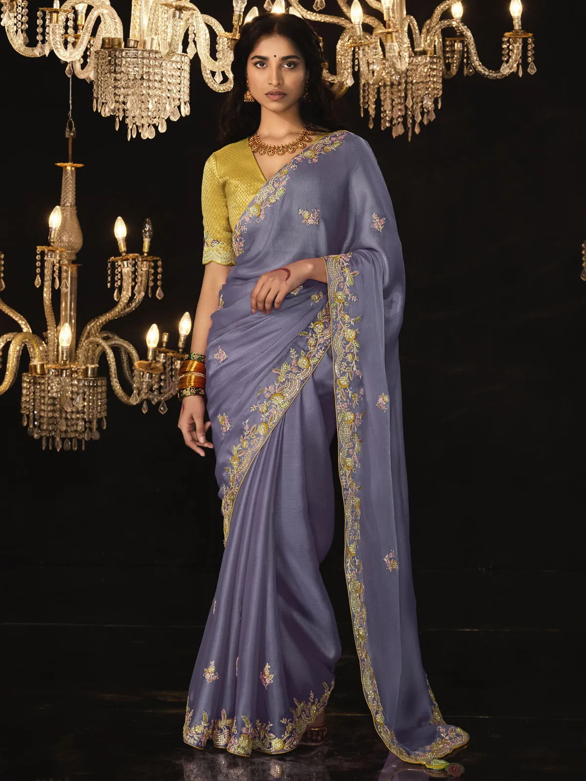 Dusty Purple Embroidered Silk Saree With Blouse