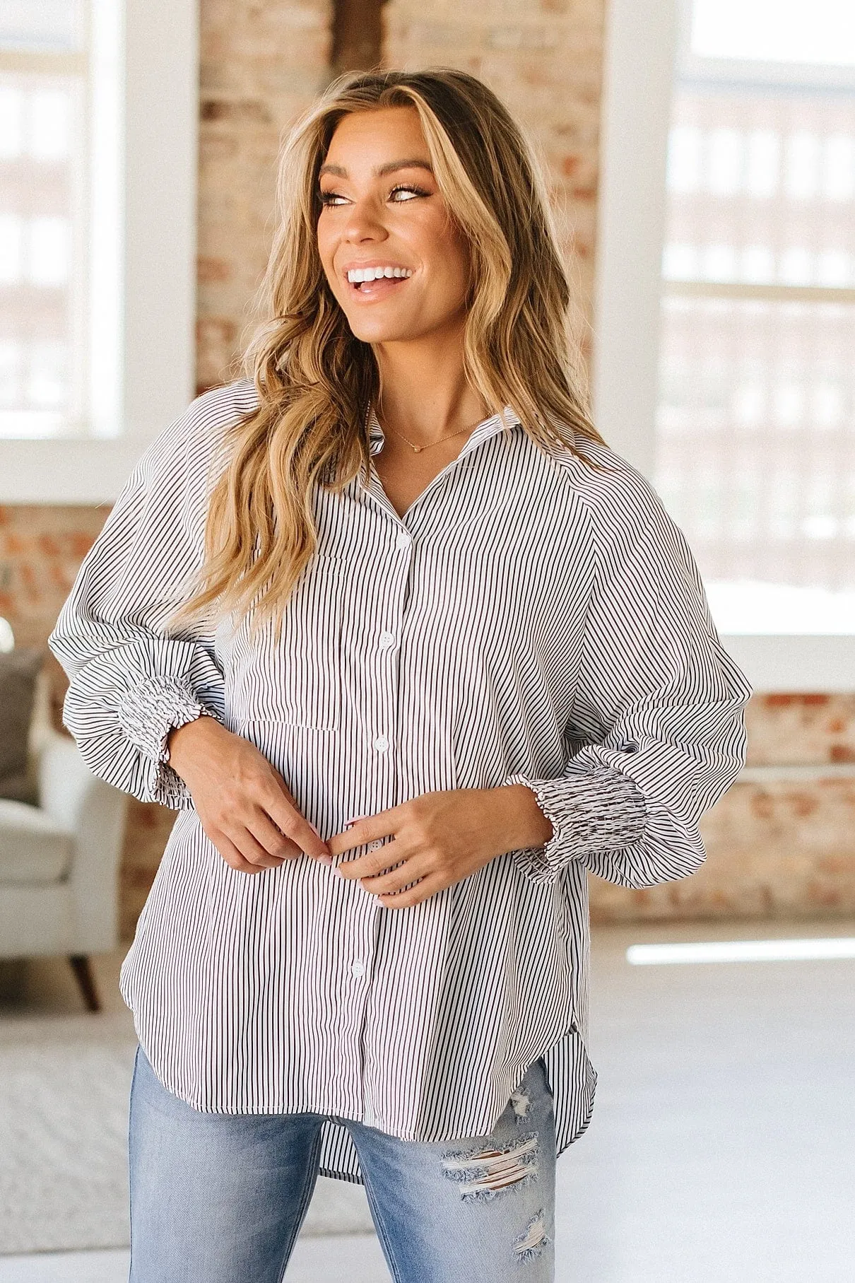 Emberlynn Striped Cinched Sleeve Top | S-2XL