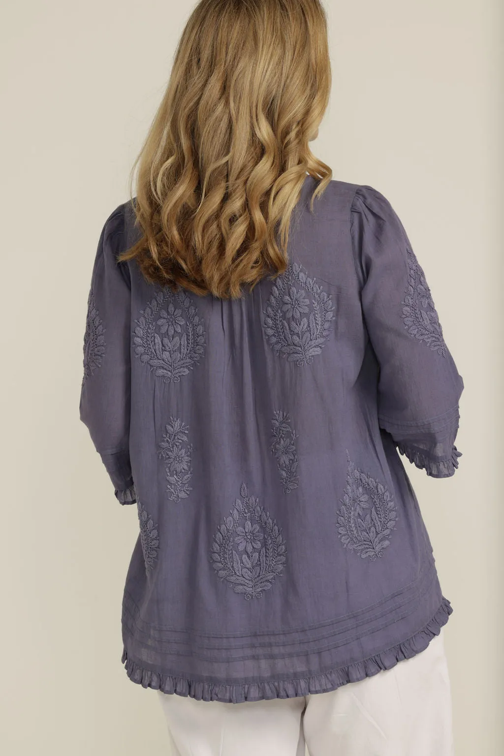 Embroidered Cotton Trapeze Top Blue