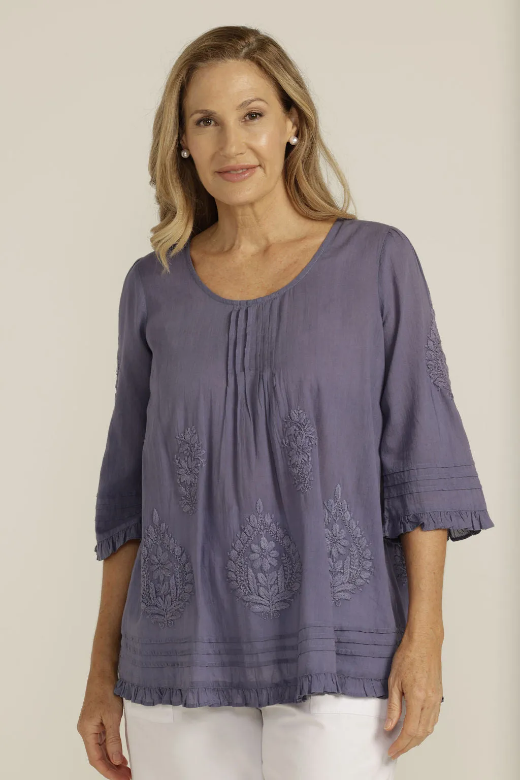 Embroidered Cotton Trapeze Top Blue