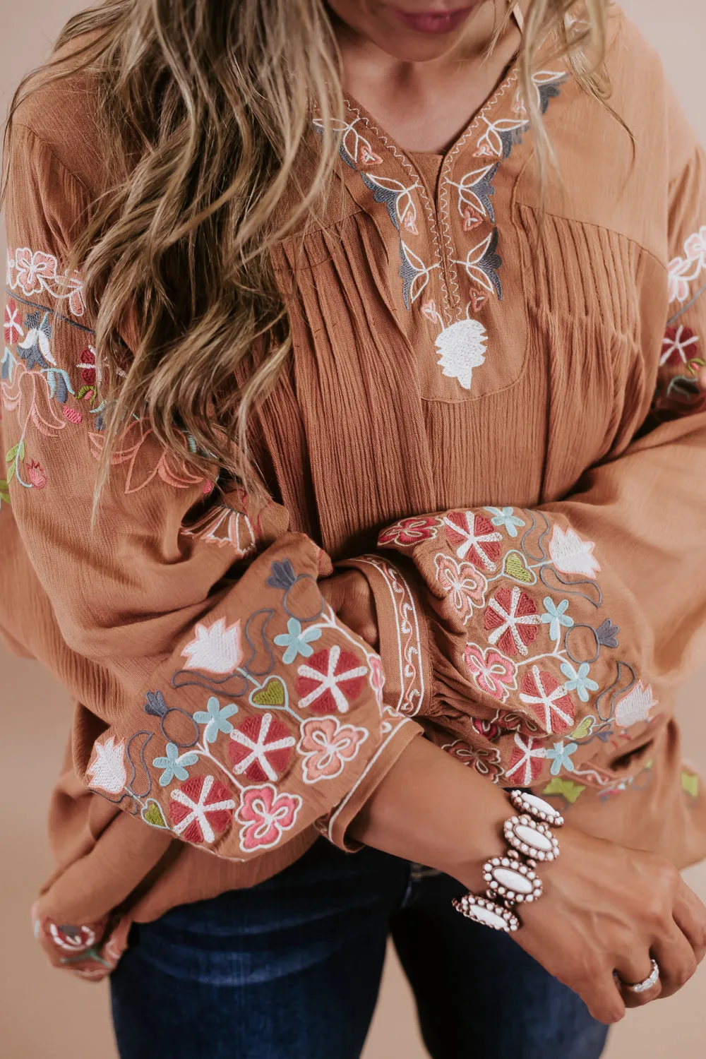 Emmy Embroidered Blouse, Camel