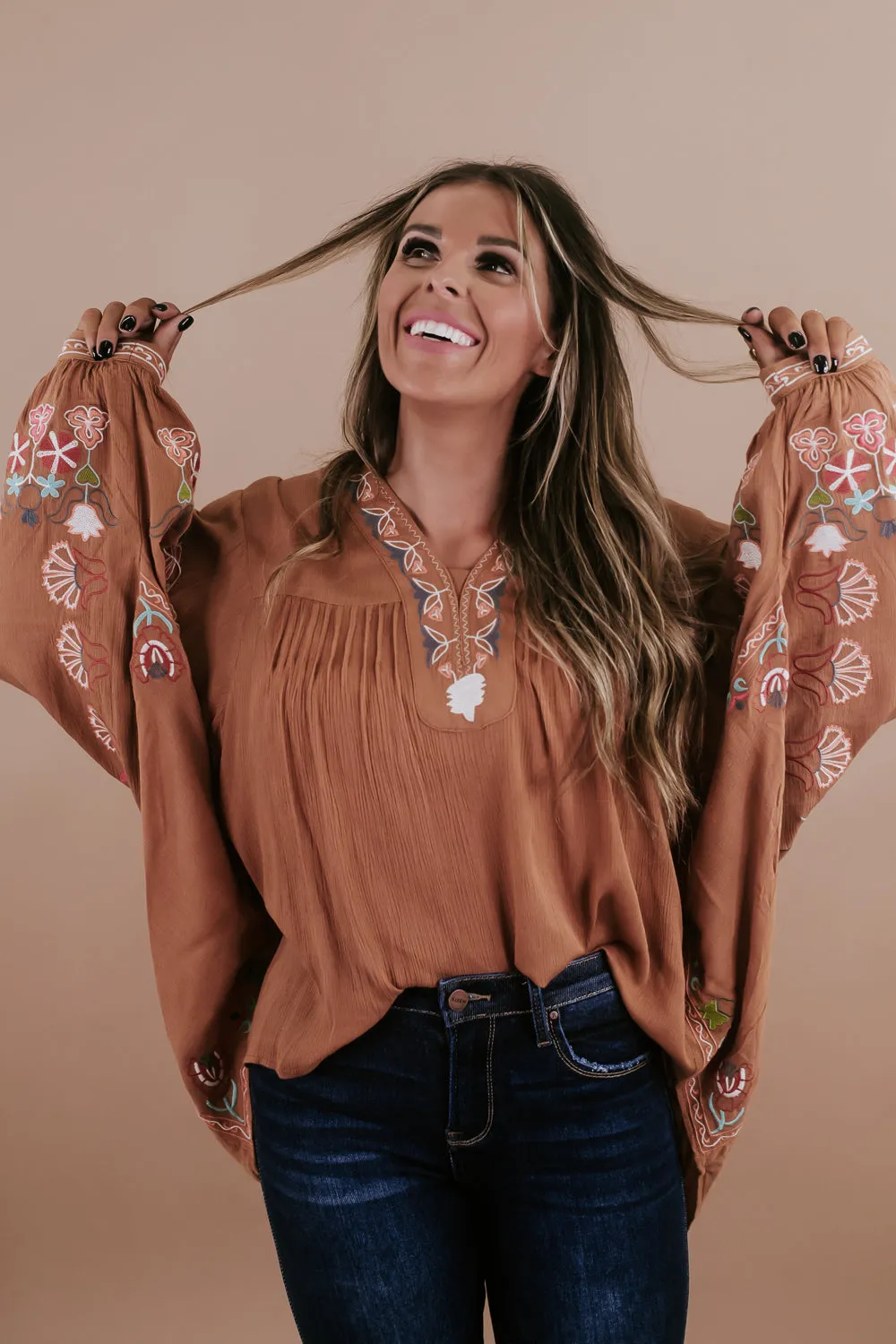 Emmy Embroidered Blouse, Camel