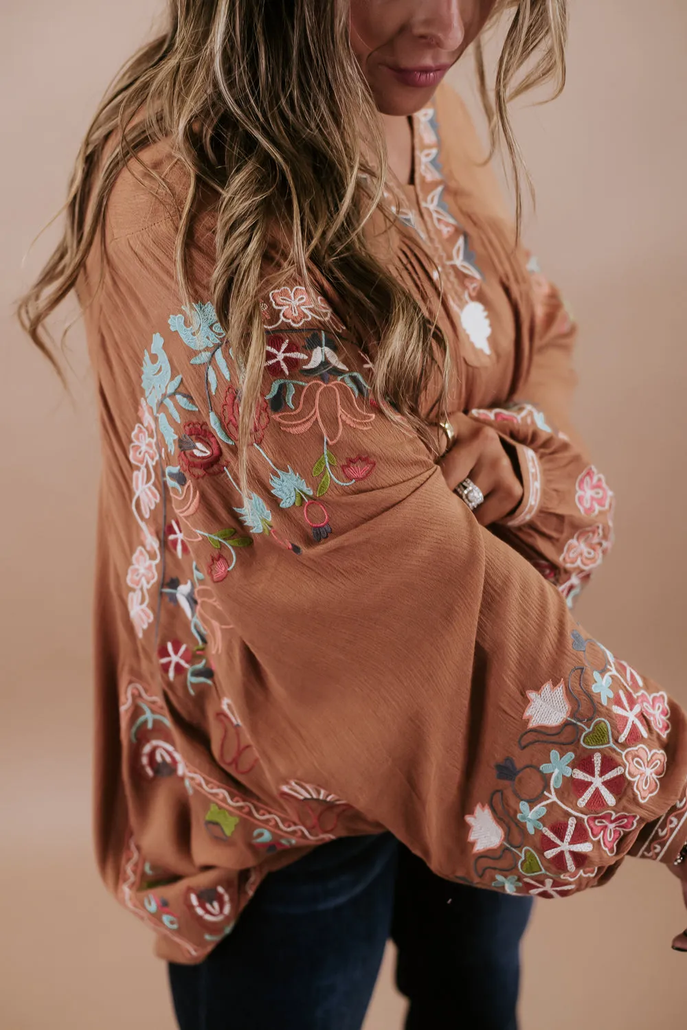 Emmy Embroidered Blouse, Camel