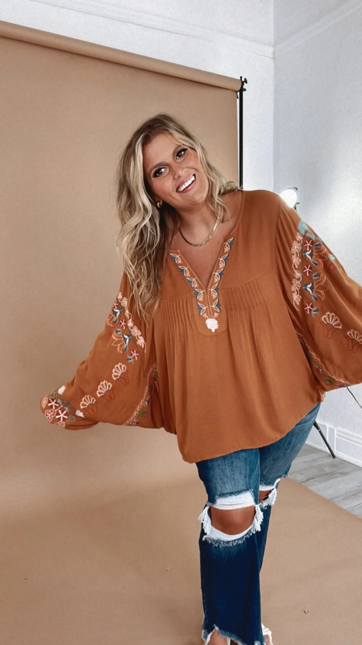 Emmy Embroidered Blouse, Camel