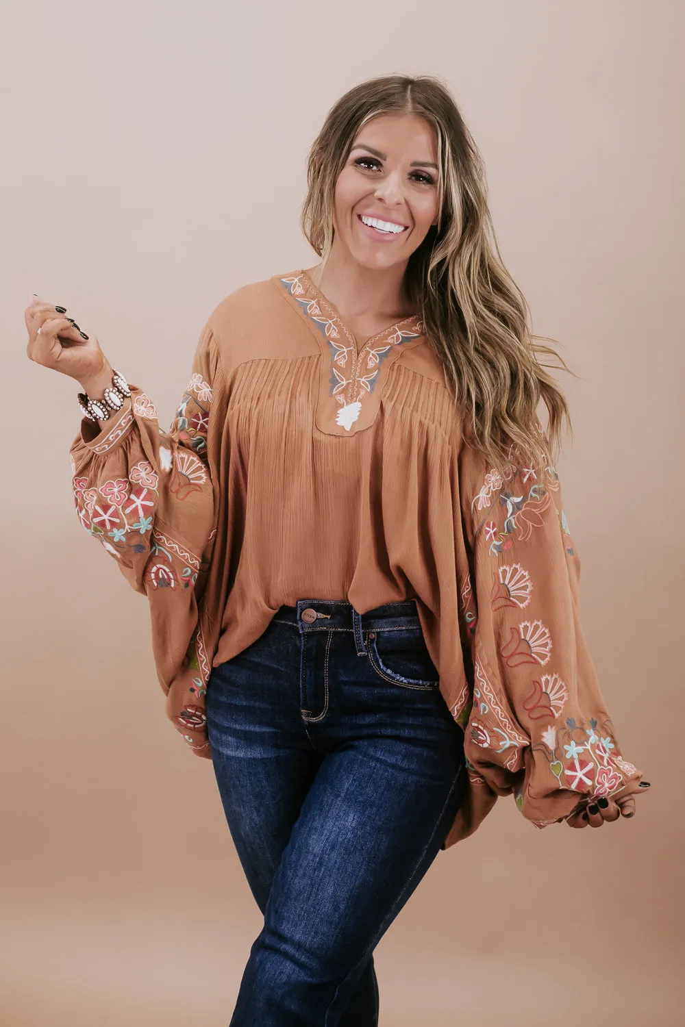 Emmy Embroidered Blouse, Camel