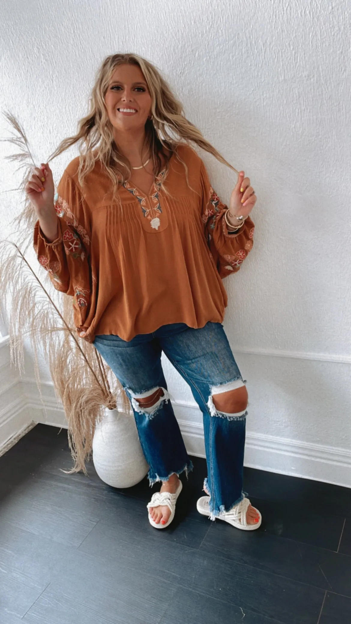 Emmy Embroidered Blouse, Camel