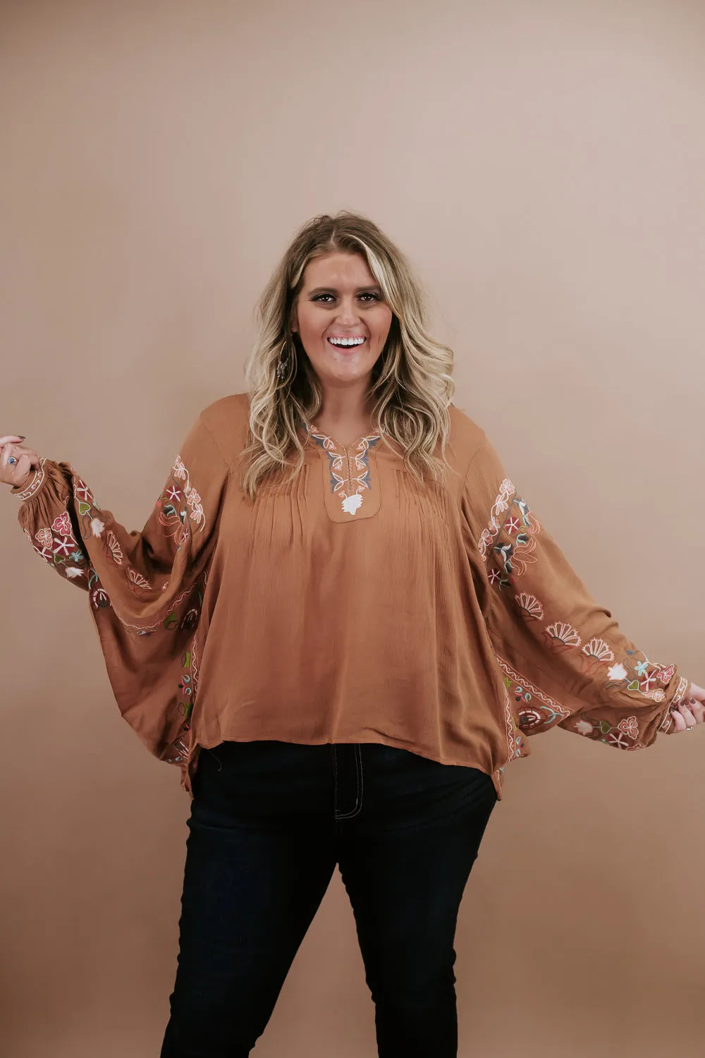 Emmy Embroidered Blouse, Camel