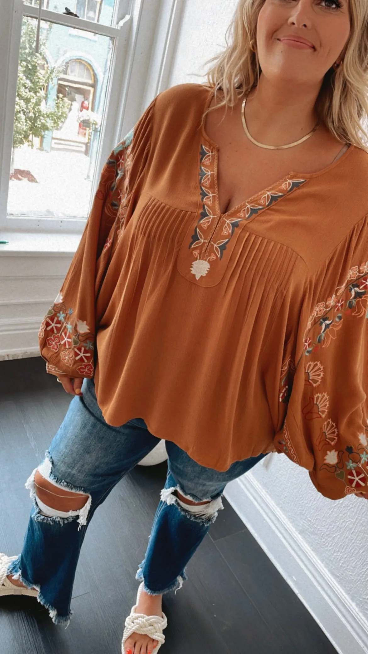 Emmy Embroidered Blouse, Camel