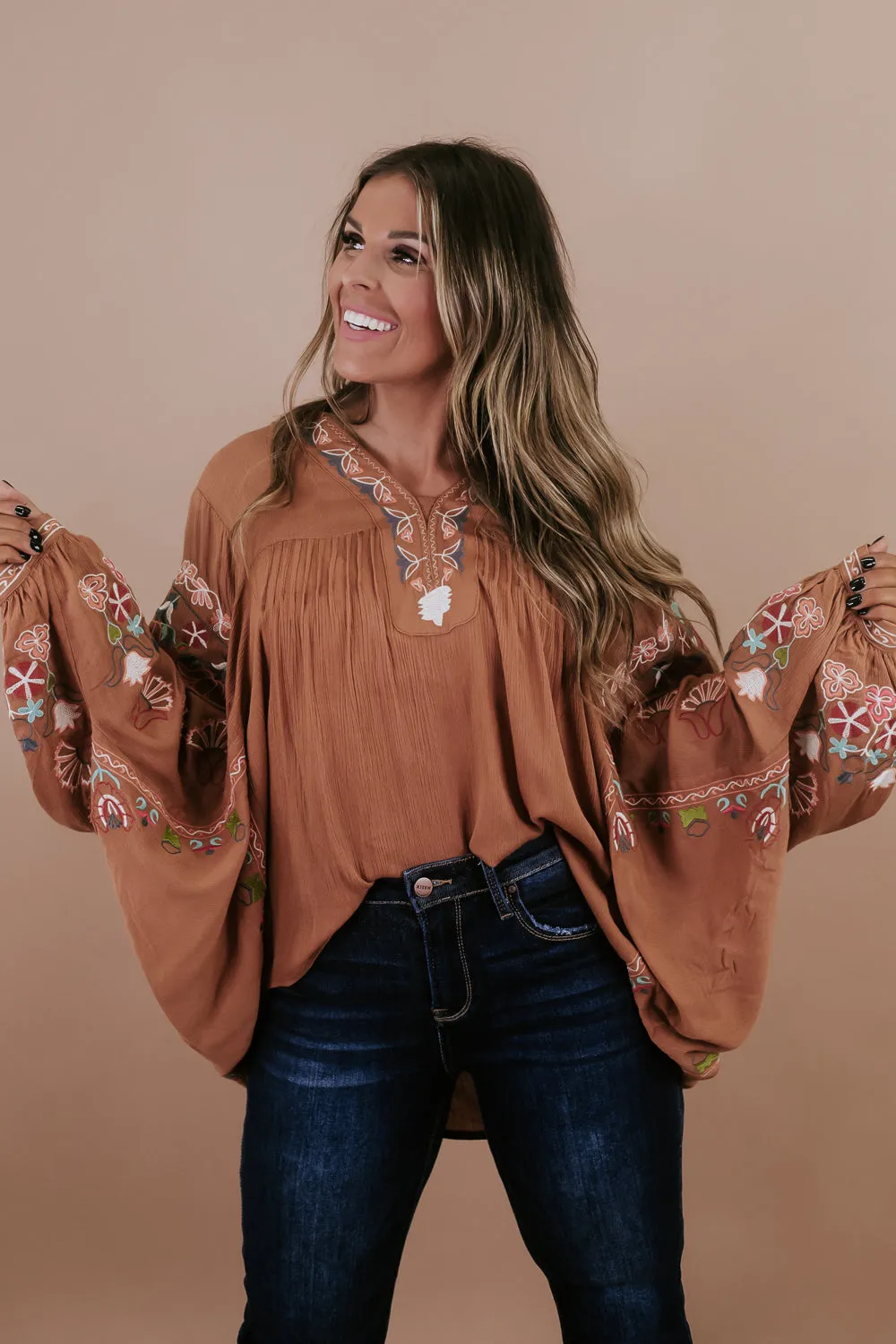 Emmy Embroidered Blouse, Camel