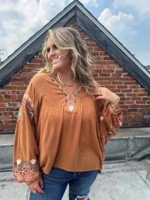 Emmy Embroidered Blouse, Camel