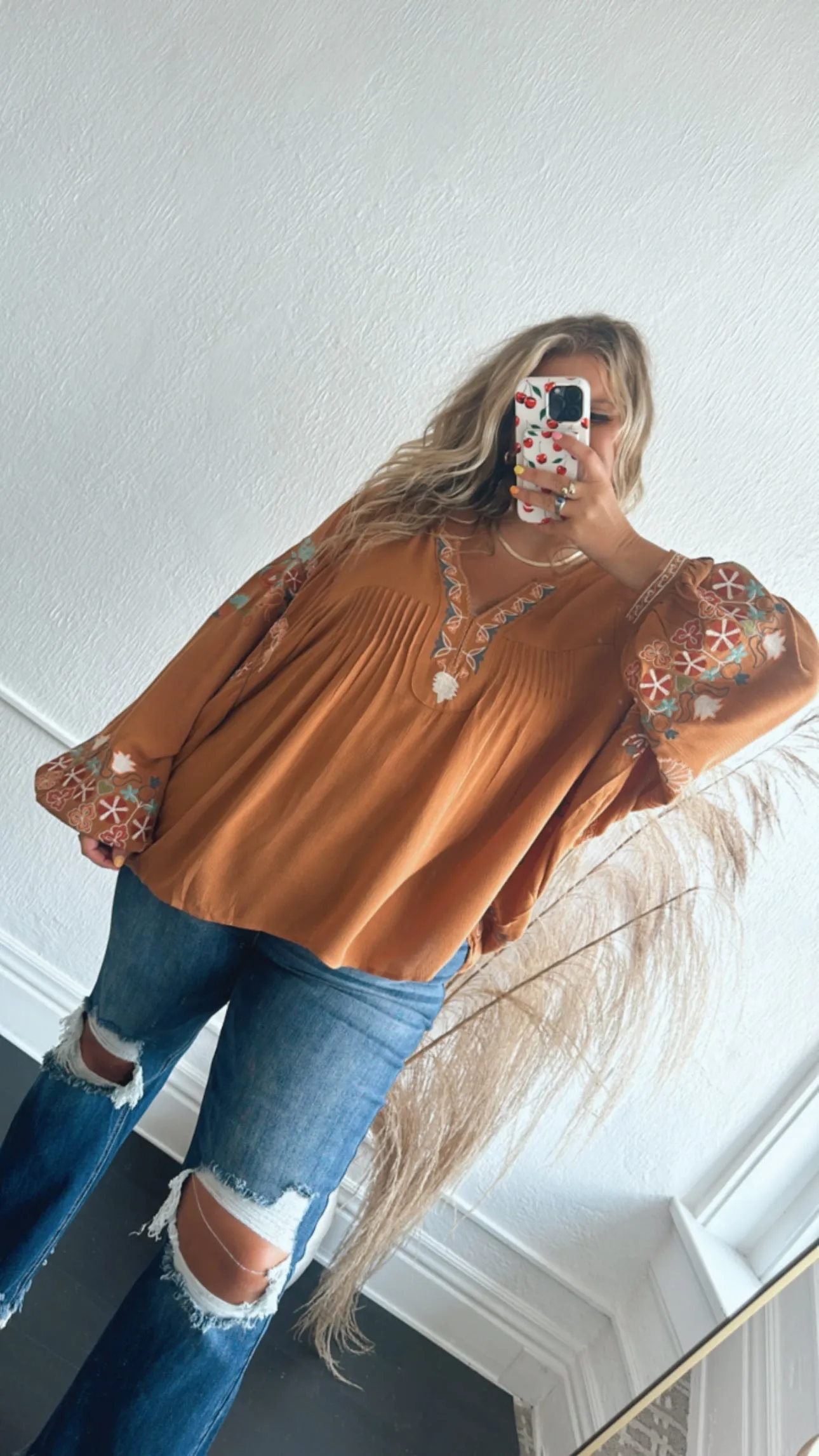 Emmy Embroidered Blouse, Camel