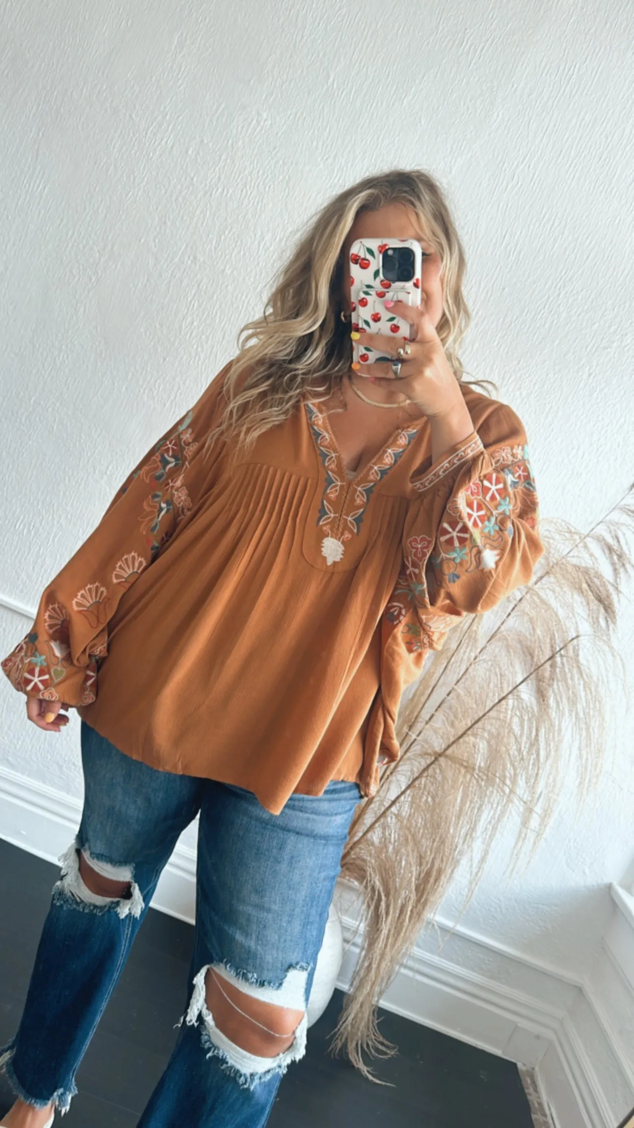 Emmy Embroidered Blouse, Camel