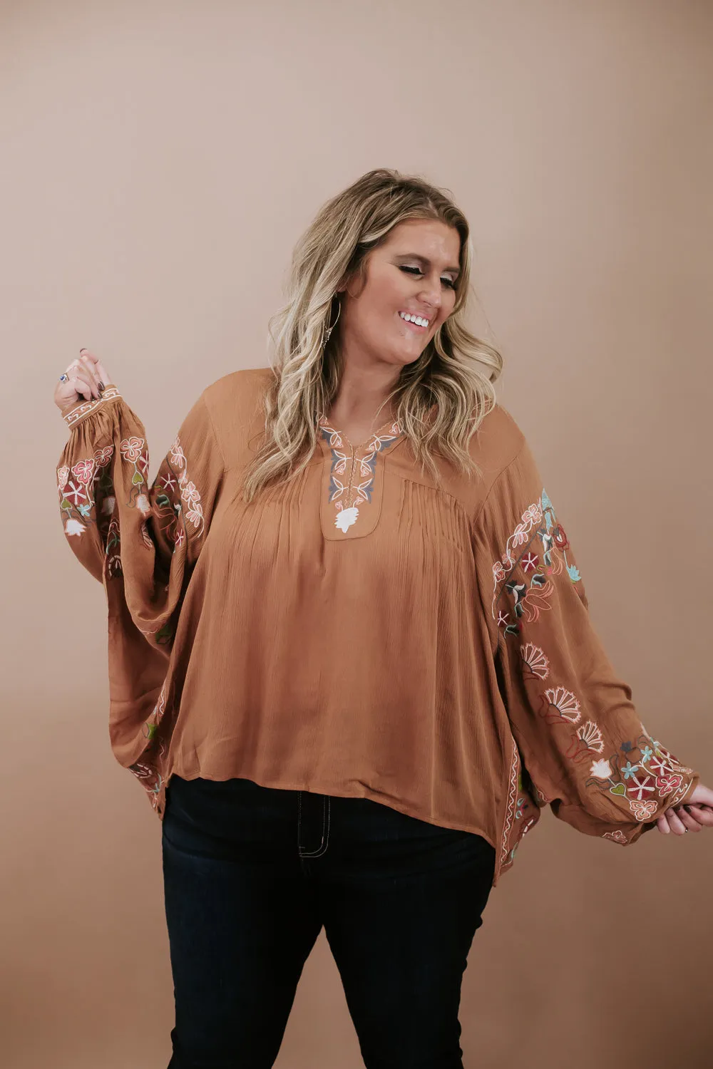 Emmy Embroidered Blouse, Camel