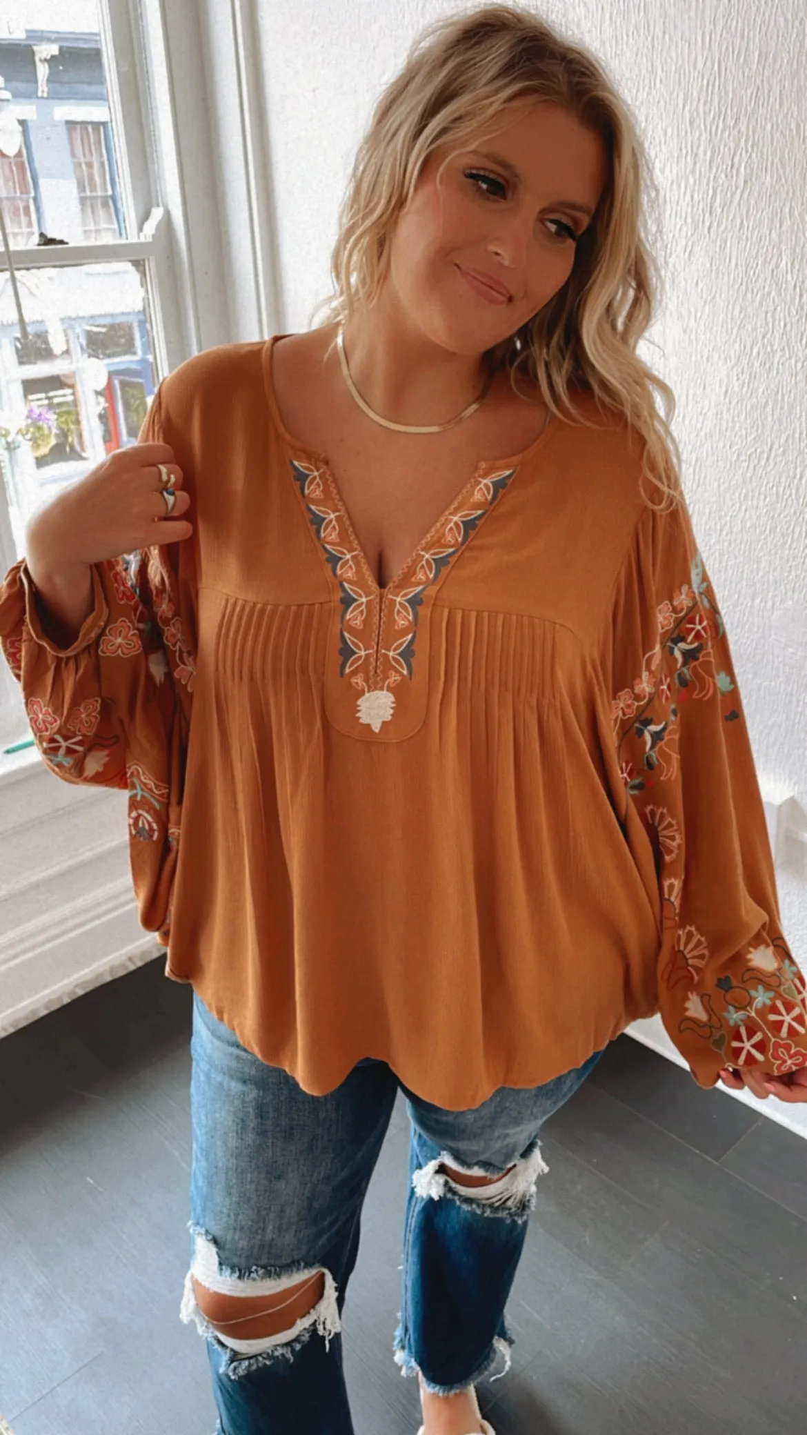 Emmy Embroidered Blouse, Camel