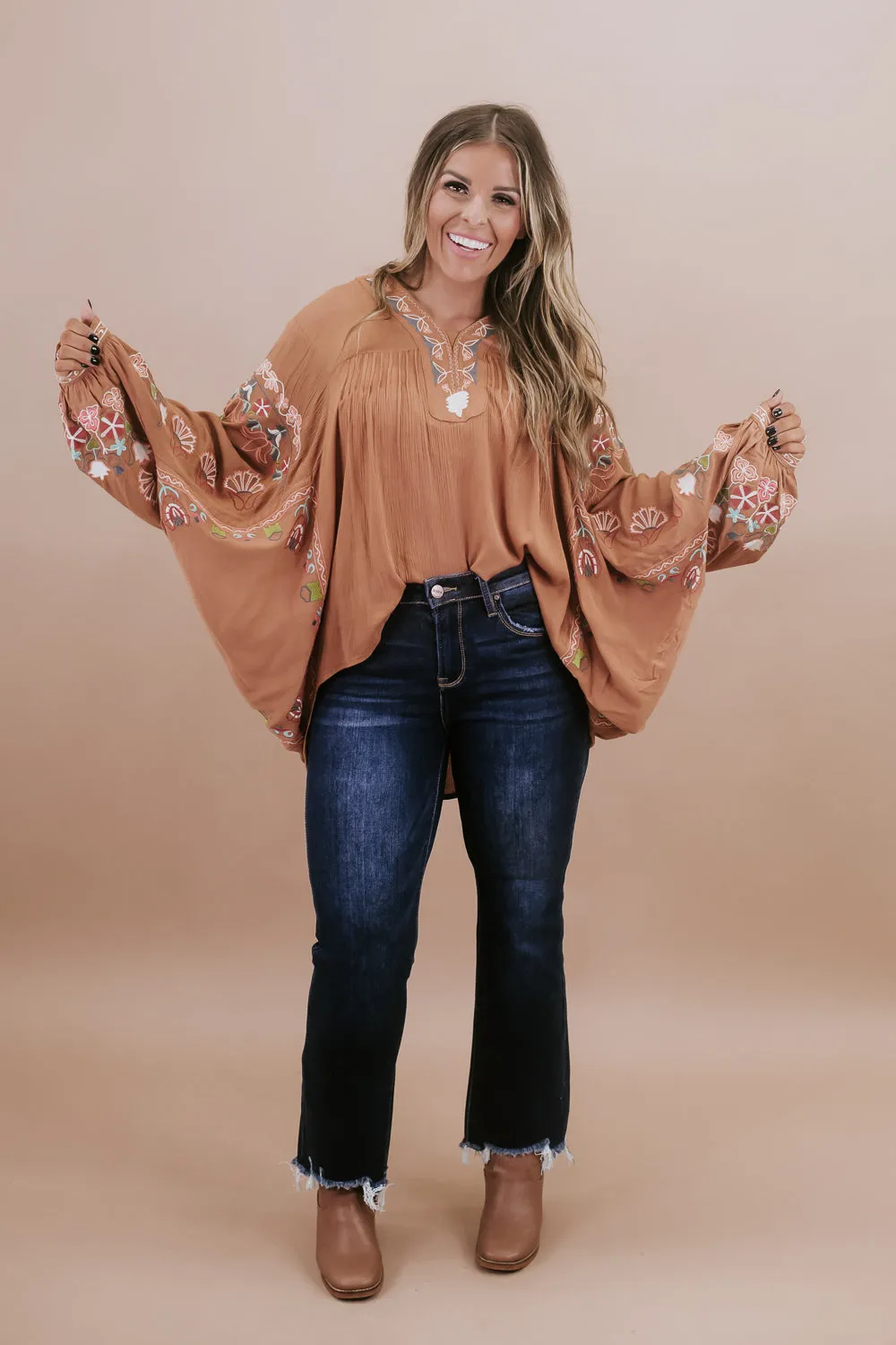 Emmy Embroidered Blouse, Camel