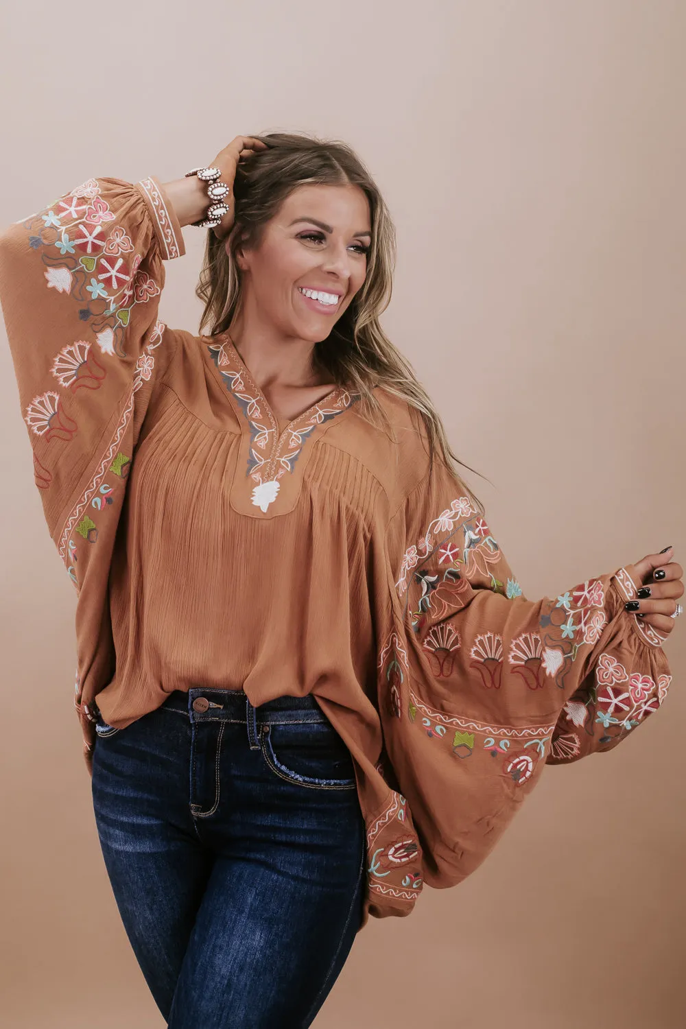 Emmy Embroidered Blouse, Camel