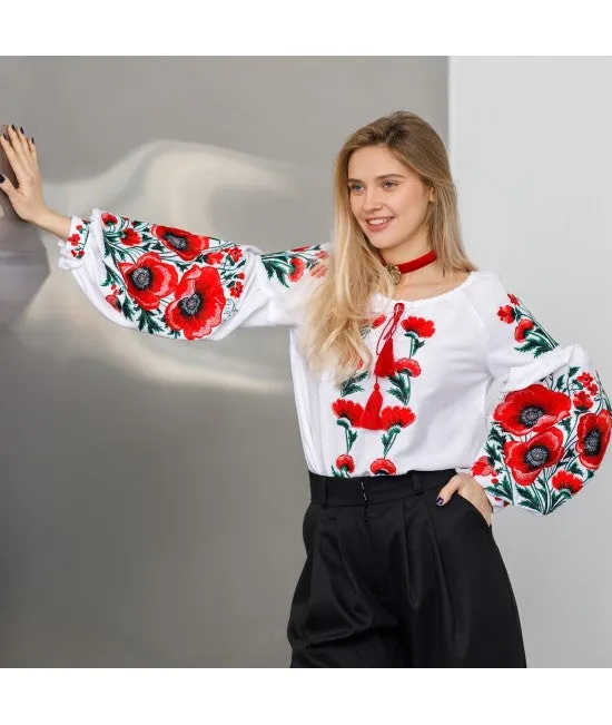 Female embroidered blouse with poppies