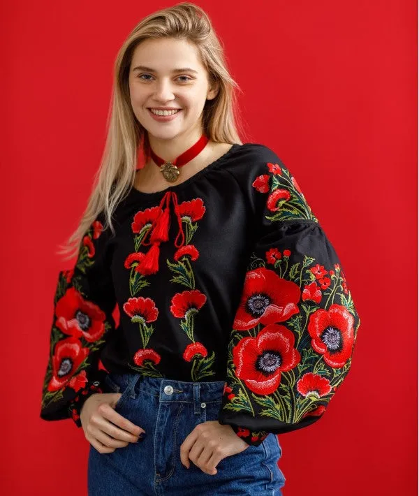 Female embroidered blouse with poppies