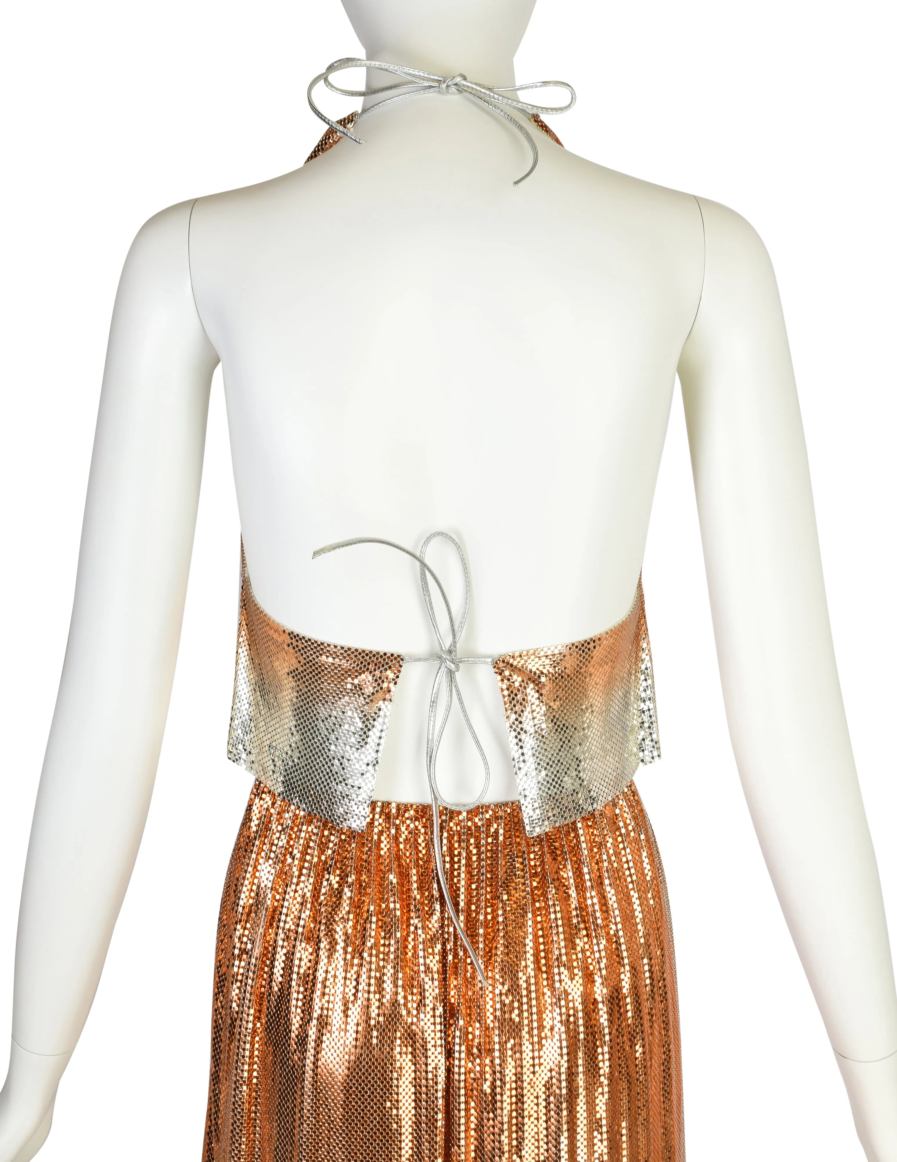 Ferrara Vintage Orange Silver Ombre Metallic Metal Mesh Rhinestone Halter Top and Skirt Ensemble Set