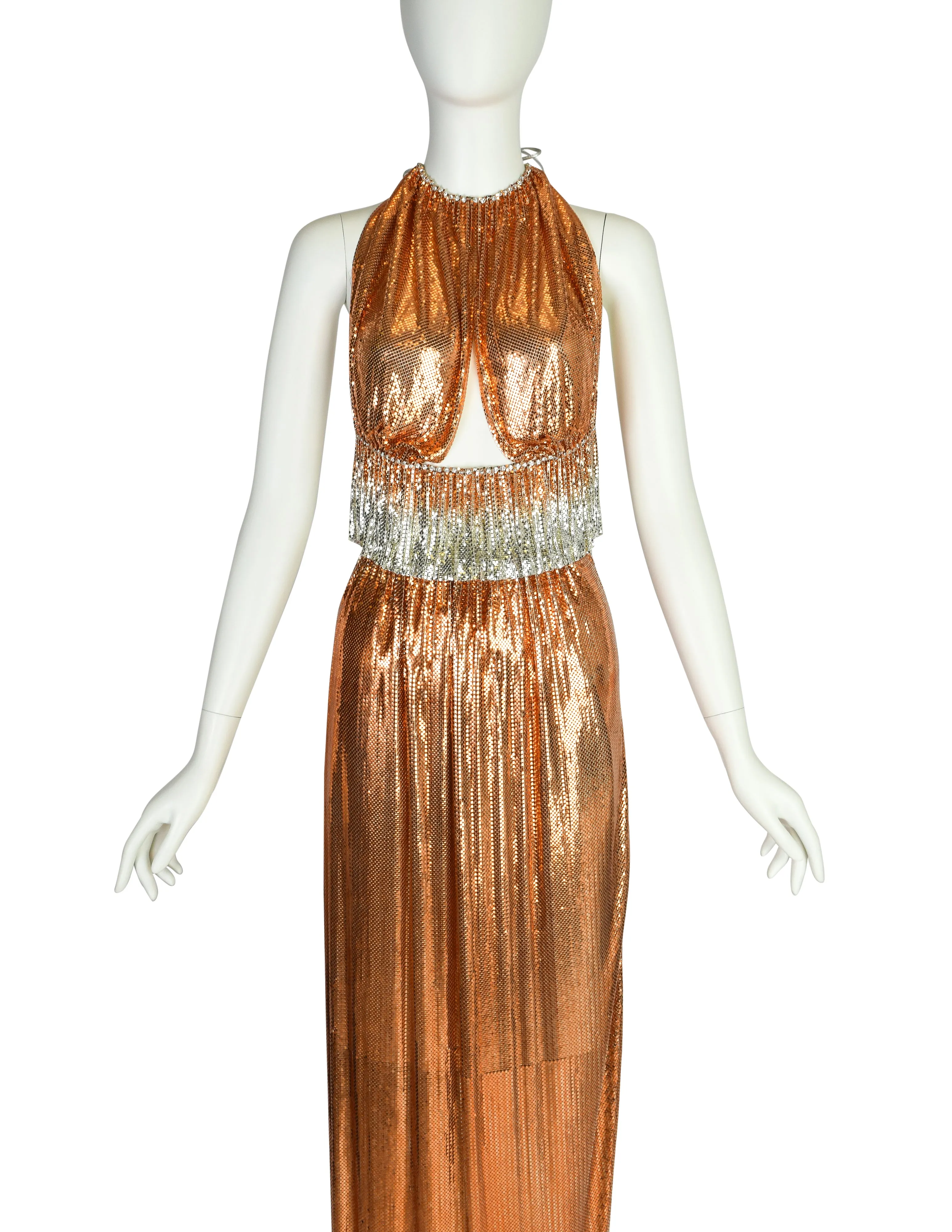 Ferrara Vintage Orange Silver Ombre Metallic Metal Mesh Rhinestone Halter Top and Skirt Ensemble Set