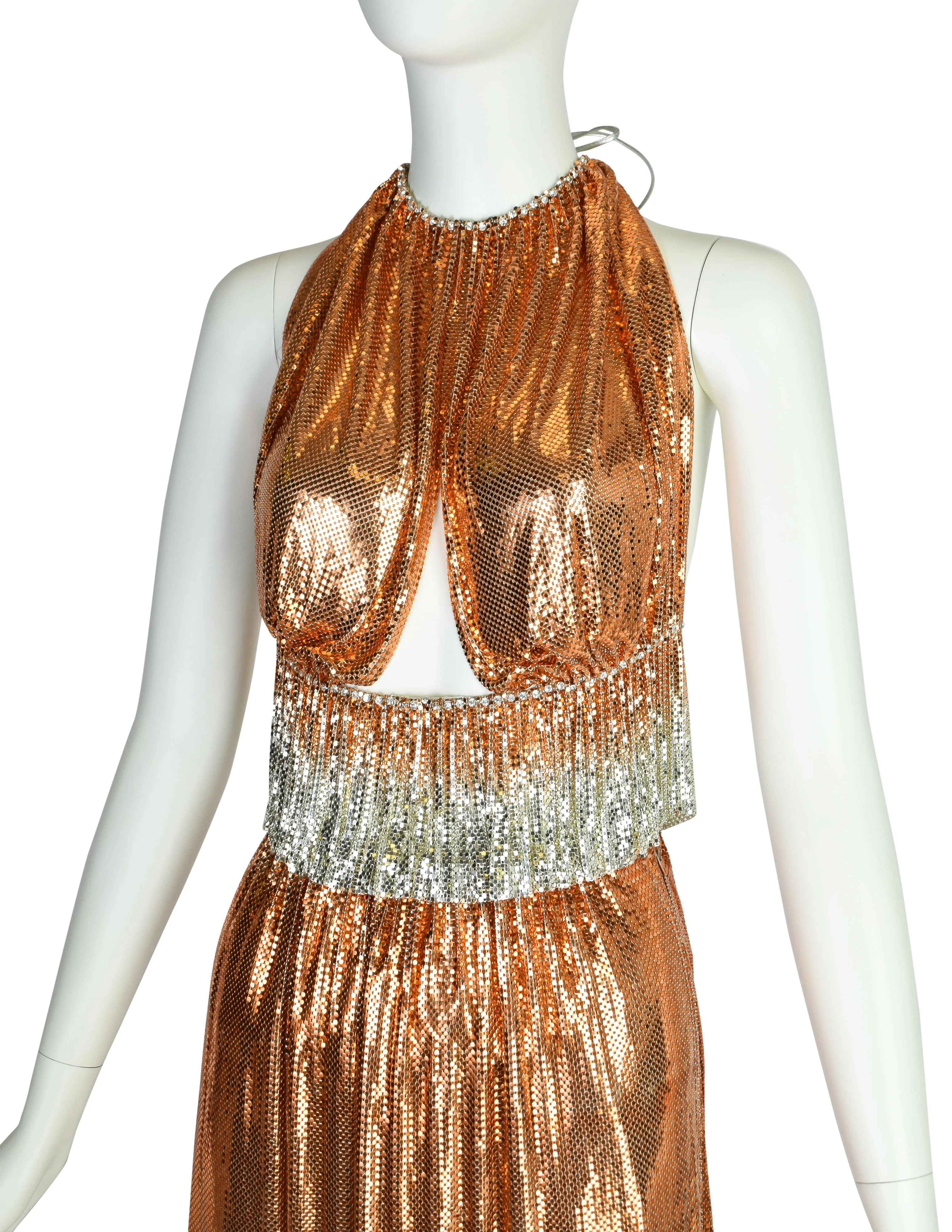 Ferrara Vintage Orange Silver Ombre Metallic Metal Mesh Rhinestone Halter Top and Skirt Ensemble Set