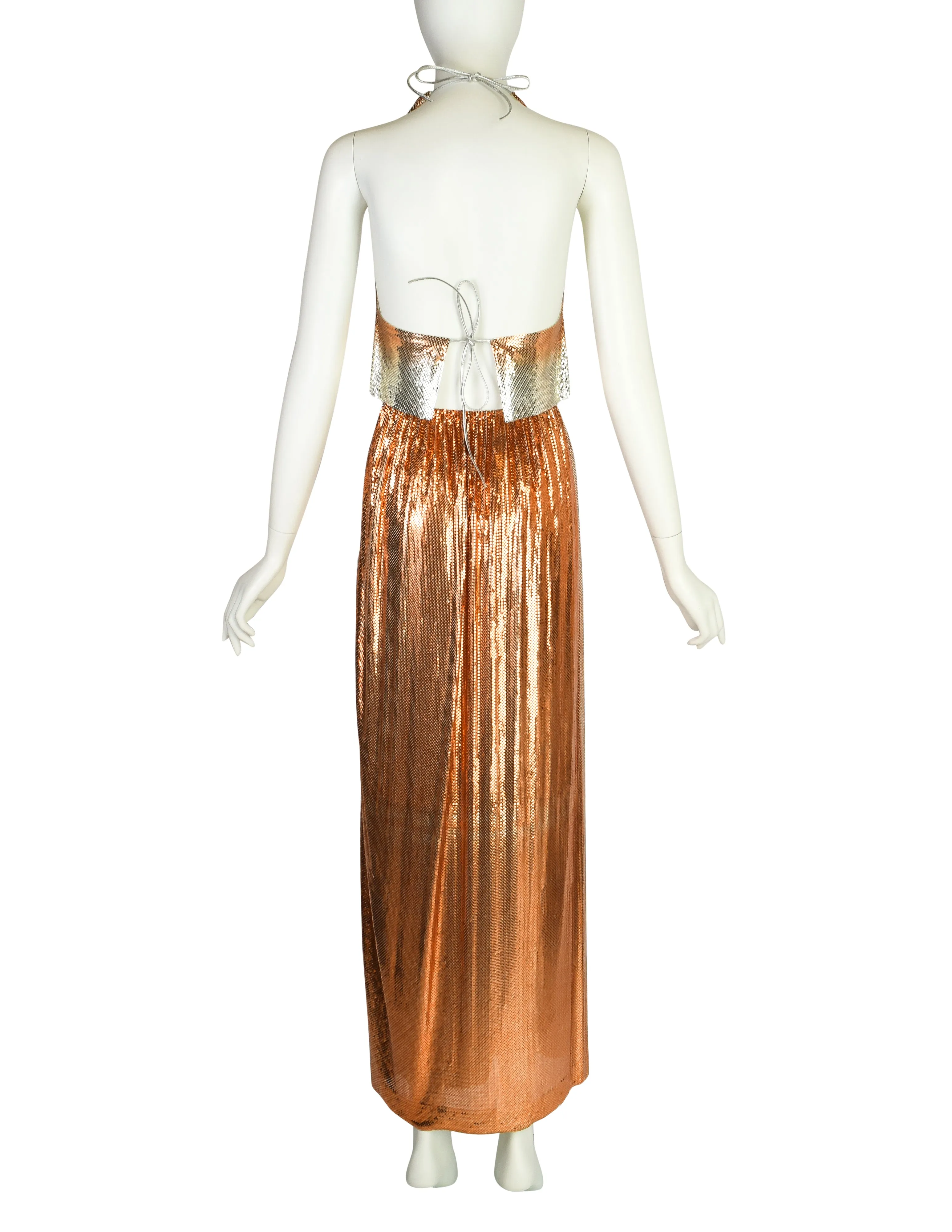 Ferrara Vintage Orange Silver Ombre Metallic Metal Mesh Rhinestone Halter Top and Skirt Ensemble Set