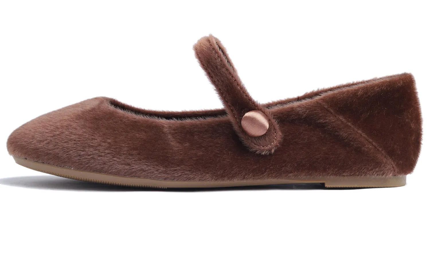 Feversole Women's Mary Jane Fashion Round Toe Easy Buckle Slip On Cozy Warm Flats Brown Plush