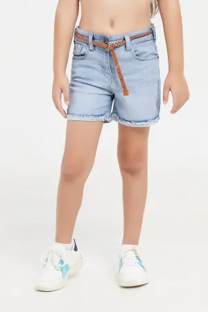 Girls Blue Denim Short With Belt