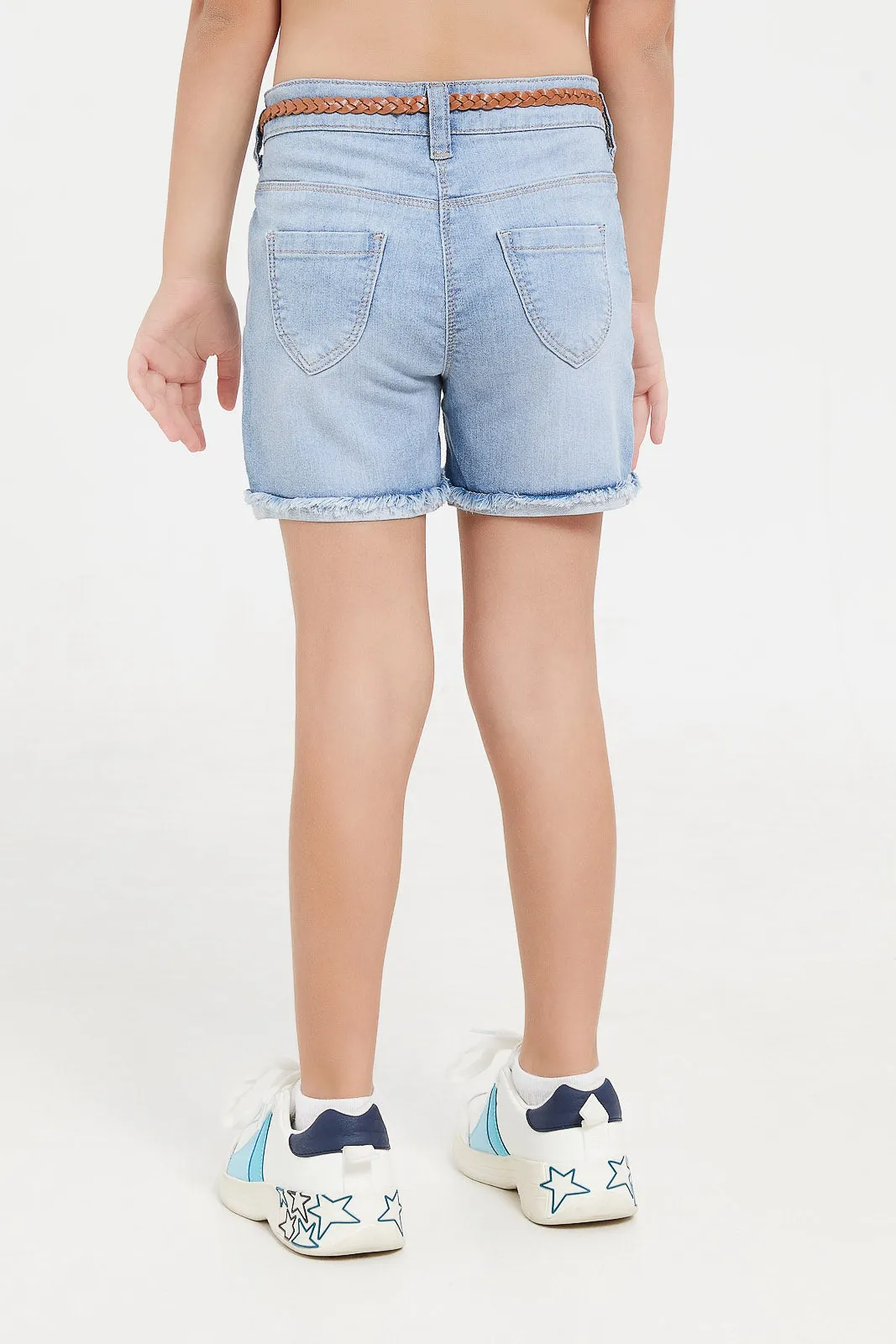 Girls Blue Denim Short With Belt