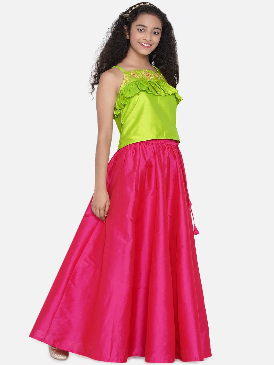 Girls Green & Pink Embroidered Ready To Wear Lehenga Choli