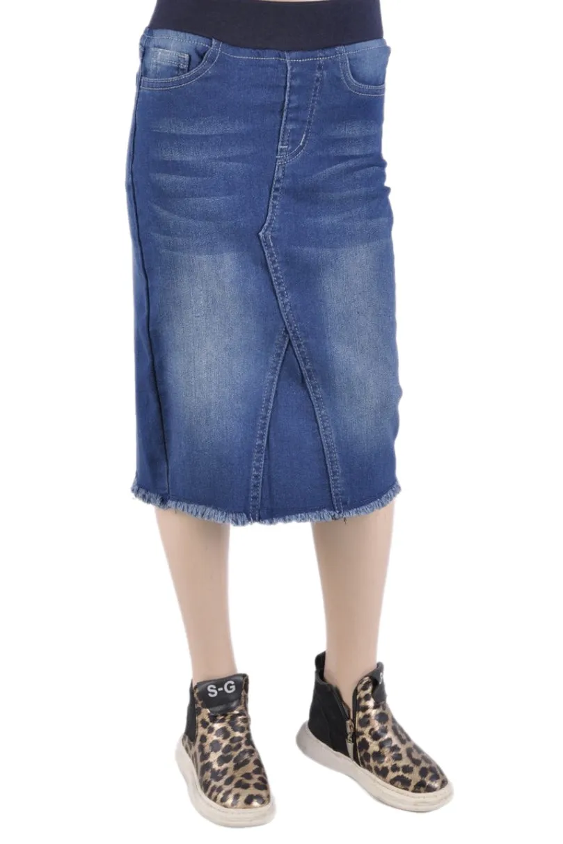 Girls Mid Length Denim Skirt Style 77617 Indigo Wash